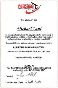New Zealand Institute of Building Inspectors certification certificate